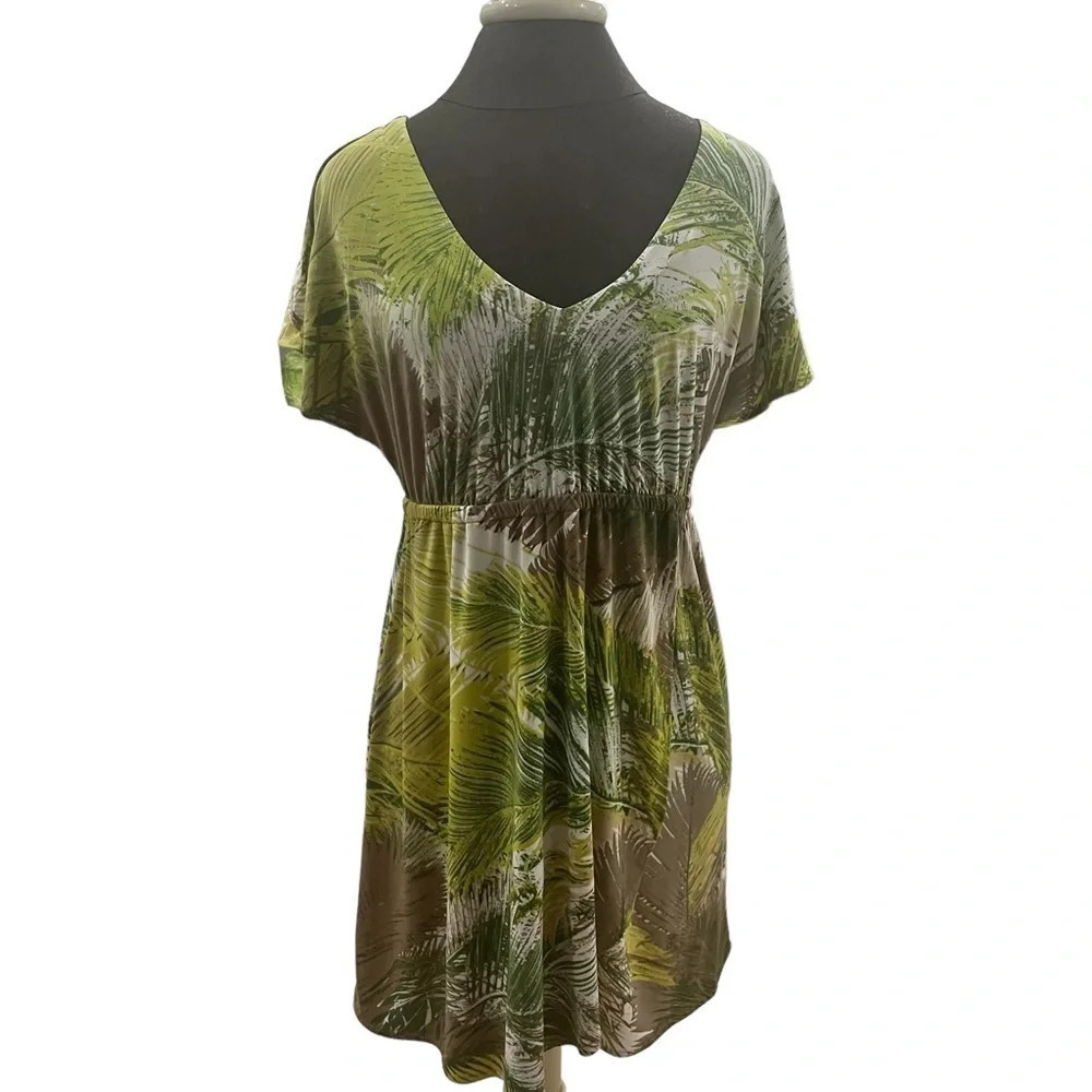 Tori Richard Honolulu Green Tropical Print V Neck Jersey Dress Small